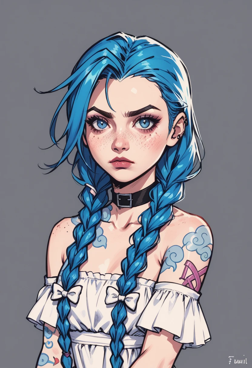 1girl, solo, long hair, freckles, braid, grey background, tattoo, arm tattoo, choker, blue hair, artist name, hair bow, bow, alternate costume, blue eyes, collarbone, bare shoulders, white bow, black choker, twin braids, white dress, dress, upper body, piercing, shoulder tattoo, closed mouth, asymmetrical bangs, character name, breasts, , jinx (league of legends), s1_dram, zPDXL3, detailxl,  Score_PnyReal,