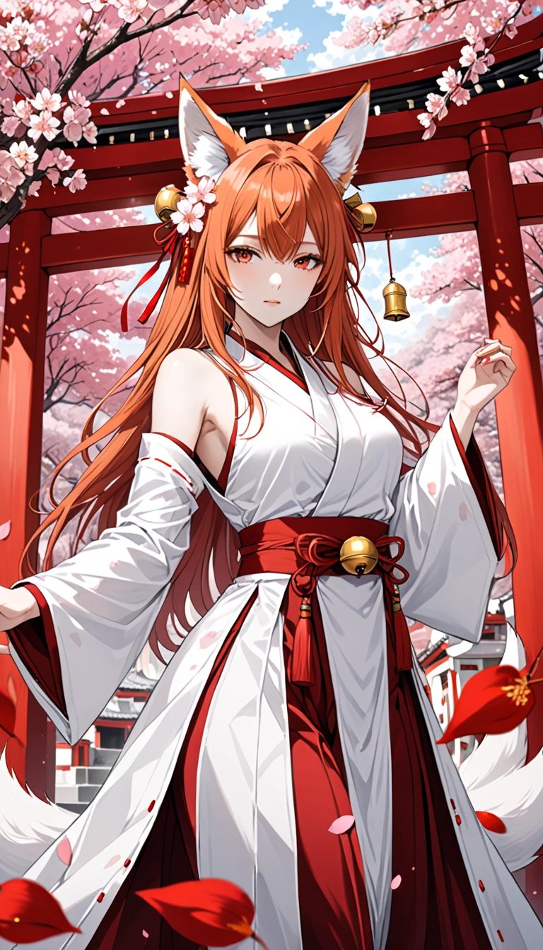 in style of Santiago Caruso, 1girl, solo, White skin，orange hair, (kitsune fox ears)，floofy hair，long hair, body Portrait，skinnybody, wideangle shot, red hair ribbon with golden bells, ((traditional white shrine yukuta with red accents, fully clothed)), dynamic angle, dynamic pose, (masterpiece, beautiful eyes, sakura petals and sakura background)