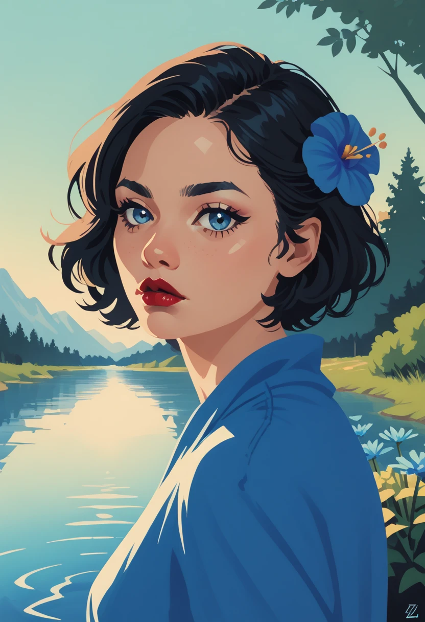 1girl, flower, solo, blue flower, blue  short hair, black hair, blue eyes, outdoors, tree, looking at viewer, lipstick, makeup, parted  mountain, sky, portrait, water, lips, s1_dram, zPDXL3,  PnyCmicXLPOS, detailxl,  (lineless, vector art:1.5)