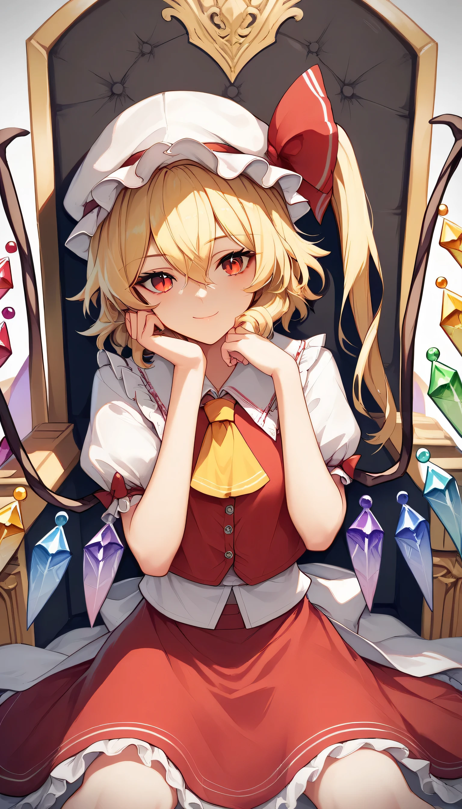 1girls, solo, female_focus, , sitting, , throne, , , looking_at_viewer, eye_of_horus, , , ,, smile, chain, closed_mouth, , , traditional_media, ,head_rest, , flandre scarlet, blonde hair, side ponytail, red eyes, hair bow, red bow, hair between eyes, slit pupils, white headwear,wings, crystal, crystal wings,
white puffy sleeves,white sleeves, short sleeves, red vest , yellow ascot, red skirt, frilled skirt , red miniskirt , frills , medium breast 