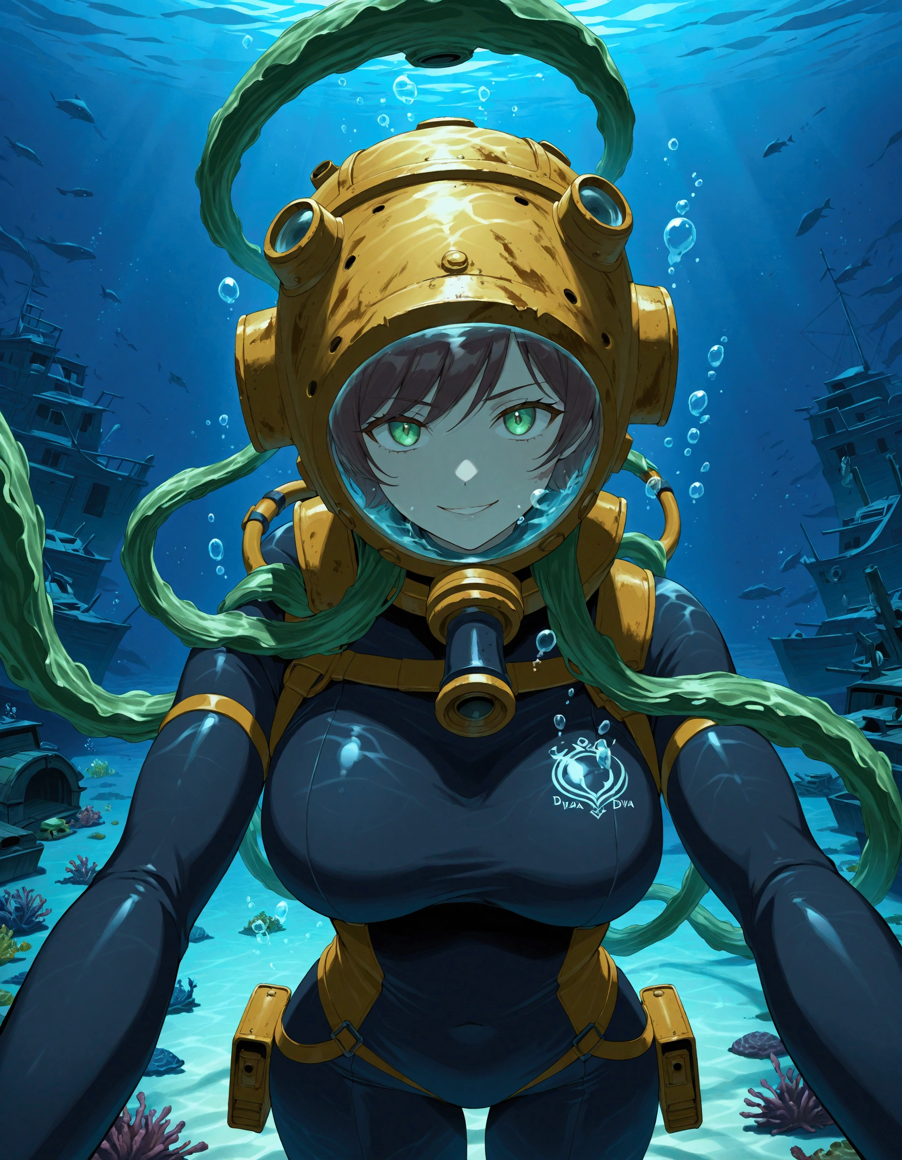 diving suitundead female deep sea Diver walking along the sea floor amongst shipwrecks, she's holding a rusty spear gun and her deep sea diving helmet is rusty as well as her diving suit is ripped and torn while emanating a ghostly green Glow, underwater, shipwrecks, deep sea diving helmet, 4K ultra detail the comma half and done, holding up in gun, reaching out with one hand, barnacles, seaweed, (Mark 5 diving helmet:1.5), shipwrecks, walking, horror_(theme), ghost, evil, looking at viewer, holding spear gun, ghostly green Glow, 1girl, solo, large_breasts, muscular, barnacles, rust, (shipwrecks:1.6), multiple shipwrecks, (phantom deep sea diva:1.4), broken air hose, bubbles, (underwater:1.7), upper body, portrait, from_above, evil_eyes, evil_smile, night, darkness, [barnacles on diving suit], rusty_diving_suit, line_art, ghostly green Glow, phantom of the sea, (evil smile:1.3), diving suit