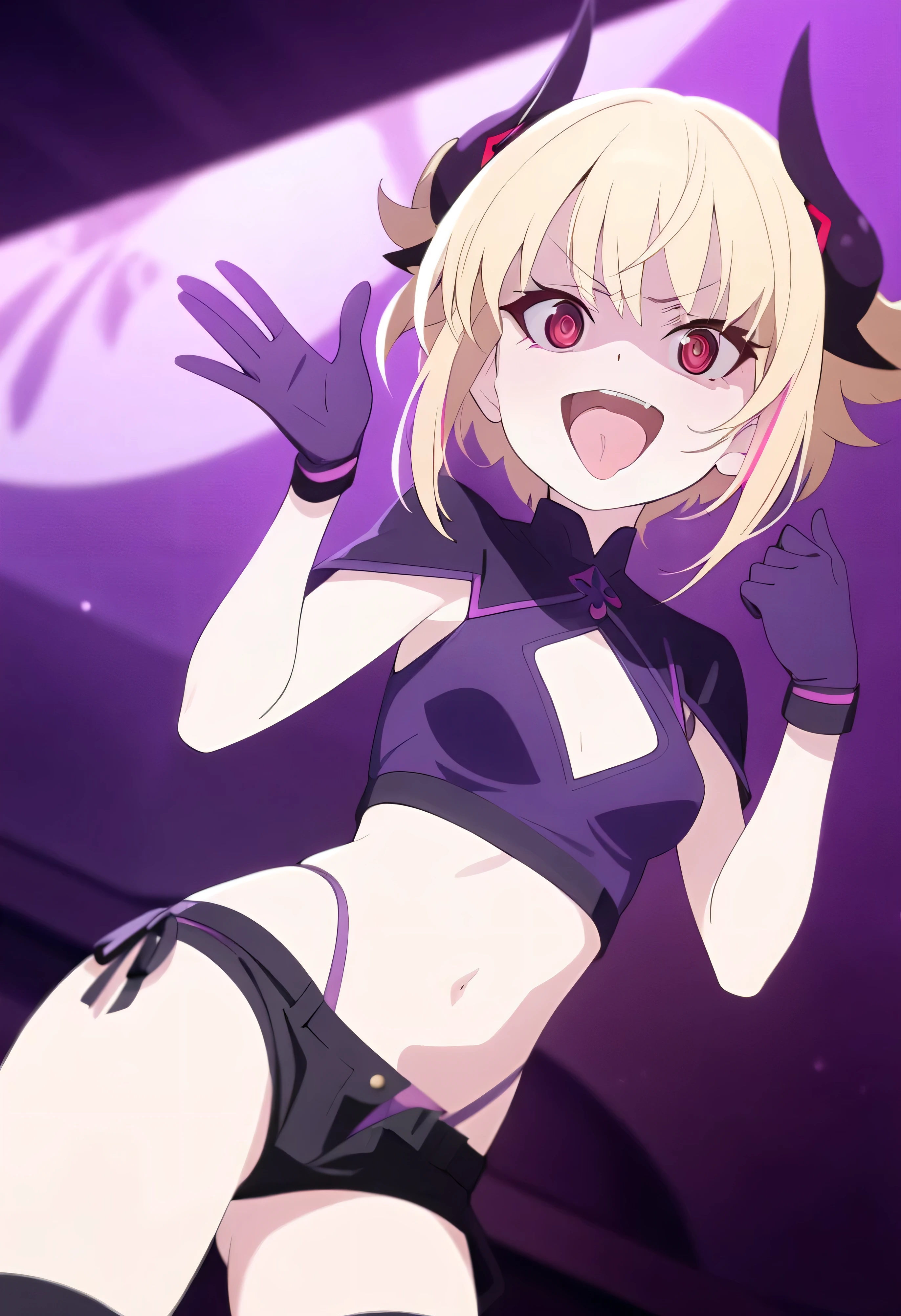 masterpiece, best quality, good quality, newest, CEL, AnFit, red eyes, blonde hair, purple crop top, 1girl, tongue out, black thighhighs, looking at viewer, purple gloves, cowboy shot, short shorts, black shorts, small breasts, highleg panties, hair ornament, purple background, underwear, hand up, panty straps, smile, cleavage cutout, simple background, open mouth, purple panties, two-tone background, pink gloves, sidelocks, outline1girl, blonde hair,masterpiece , best quality, , lookin under, ,, smile, purple brassiere, from below,evil laugh, small girl,small loli,beautiful body,villain pose,short hair,shaded face(eyes in shadow),1girl,violence,attack,