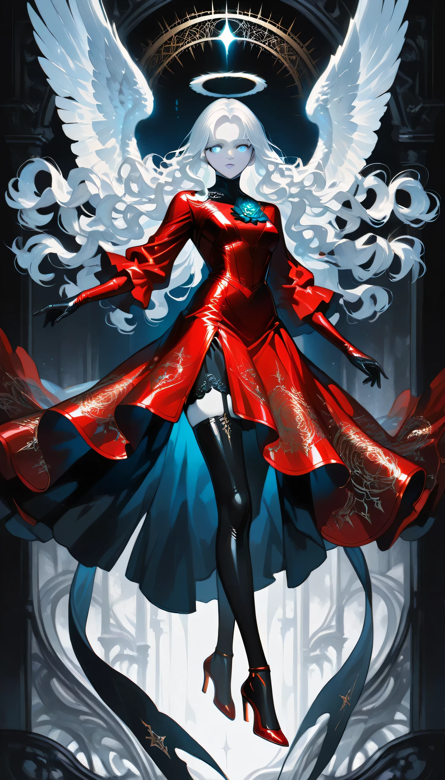 score_9, score_8_up, score_7_up, score_6_up, score_5_up, score_4_up, a picture of magnificent female angel, busty long hair, dynamic hair color, long hair, wavy hair, shining blue eyes, white wings, wearing intricate elegant (red leather dress: 1.3), wearing ((black high heels: 1.5)), wings have angel wings angel, pale skin, angel wings, wings, white wings, white hair, white eyes, glowing eyes, white dress with golden pattern, Halo, fantasy, black latex corsage, black stockings, fantasy