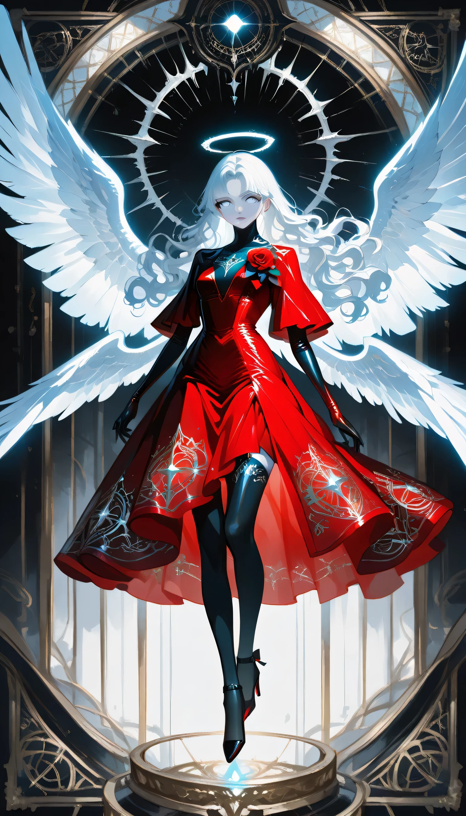 score_9, score_8_up, score_7_up, score_6_up, score_5_up, score_4_up, a picture of magnificent  female angel, busty long hair, dynamic hair color, long hair, wavy hair, shining blue eyes, white wings, wearing intricate elegant (red leather dress: 1.3), wearing ((black high heels: 1.5)), wings have angel wings angel, pale skin, angel wings, wings, white wings, white hair, white eyes, glowing eyes, white dress with golden pattern, Halo, fantasy,  black latex corsage, black stockings, fantasy