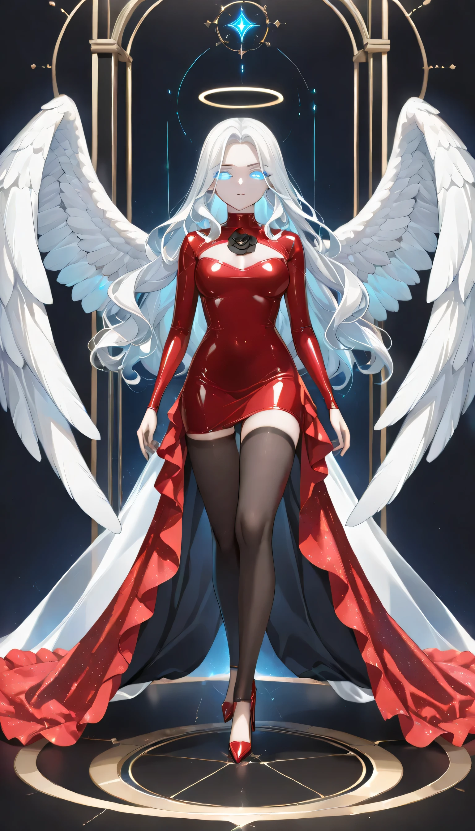 score_9, score_8_up, score_7_up, score_6_up, score_5_up, score_4_up, a picture of magnificent  female angel, busty long hair, dynamic hair color, long hair, wavy hair, shining (blue eyes: 1.2), white wings, wearing intricate elegant (red leather dress: 1.3), intricate dress,  wearing ((black high heels: 1.5)), best detailed face, beautiful face, wings have angel wings angel, pale skin, angel wings, wings, white wings, white hair, white eyes, glowing eyes, white dress with golden pattern, Halo, fantasy,  black latex corsage, black stockings, Hyperrealism style