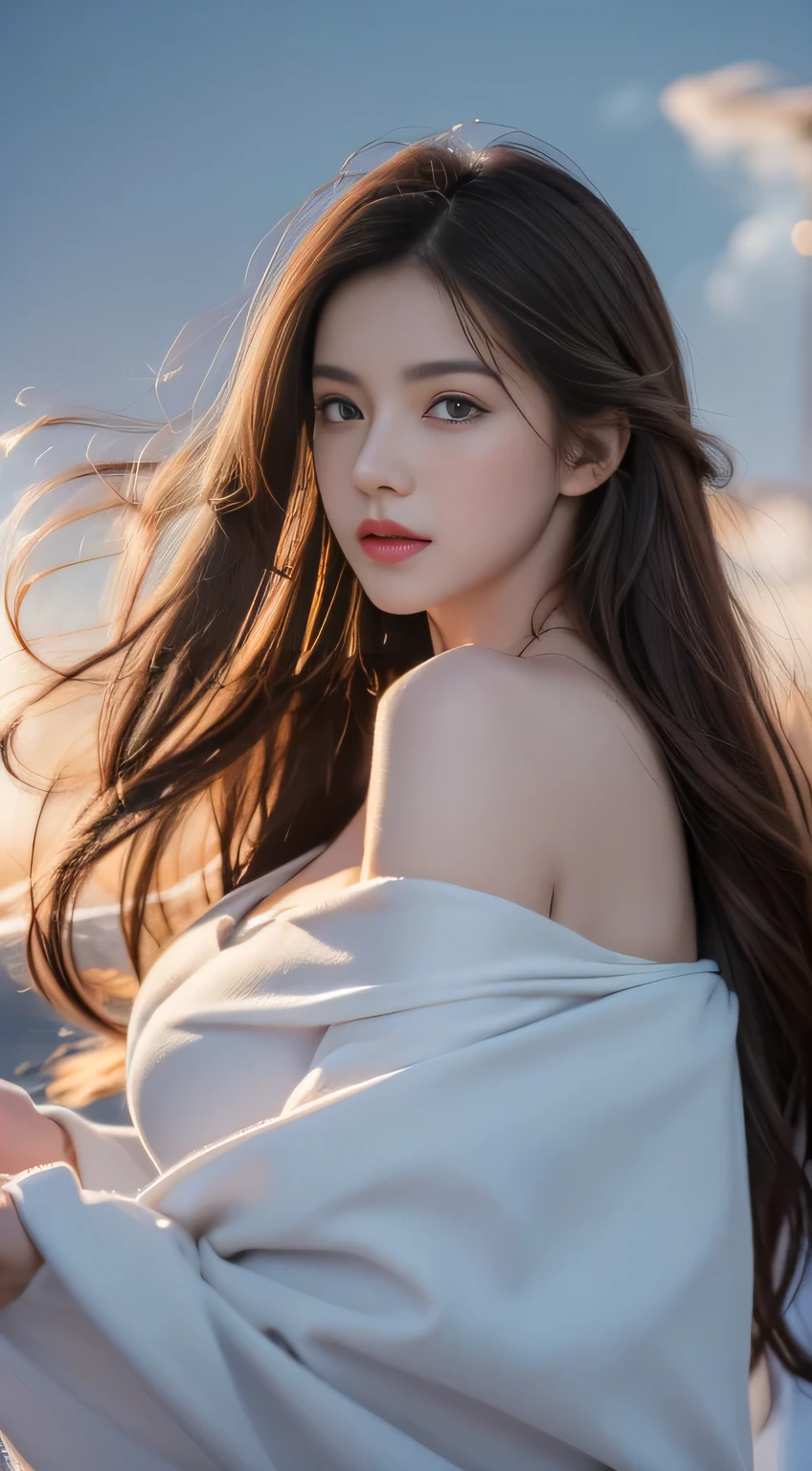 (( Realistic light, Best quality, 8k, Masterpiece :1.3)), 1girl, small mole under eyes, smile, closed eyes, small moles on the breast, Pretty woman with slender figure :1.4, abs :1.1, korean, pale-skined, (floatingwavy silk-brown hair, floating hair by wind, medium_breasts :1), (deep_cleavage), white offshoulder shirt:1.2, long sleeves wet by wind, (sweaty skin on breast:1), standing, night in the mountain, campfire light, Ultra-detailed face, Detailed eyes, Double eyelid, shiny skin, cowboy shot