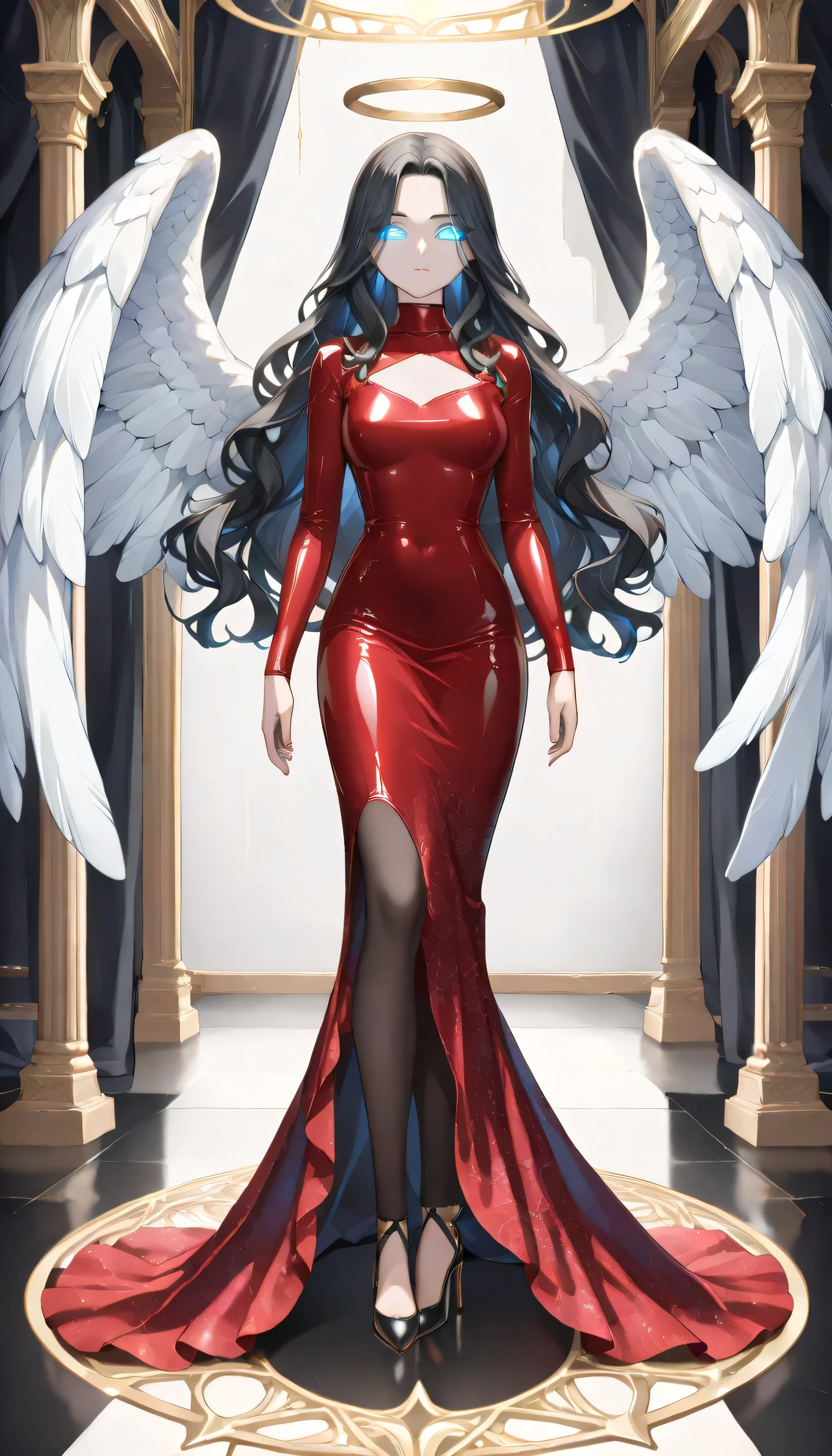 score_9, score_8_up, score_7_up, score_6_up, score_5_up, score_4_up, a picture of magnificent  female angel, busty long hair, dynamic hair color, long hair, wavy hair, shining (blue eyes: 1.2), white wings, wearing intricate elegant (red leather dress: 1.3), intricate dress,  wearing ((black high heels: 1.5)), best detailed face, beautiful face, wings have angel wings angel, pale skin, angel wings, wings, white wings, white hair, white eyes, glowing eyes, white dress with golden pattern, Halo, fantasy,  black latex corsage, black stockings, Hyperrealism style