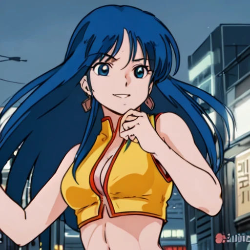 masterpiece, High Quality ,Ultra-high definition,Alone, outdoors on the street at night,
 watching viewers,smile,
Yuri, 1 girl,
 long hair, blue hair, earrings for women with first name, blue eyes,
 Yellow Crop Top , clenched fist cleavage cutout, Sleeveless,midriff,