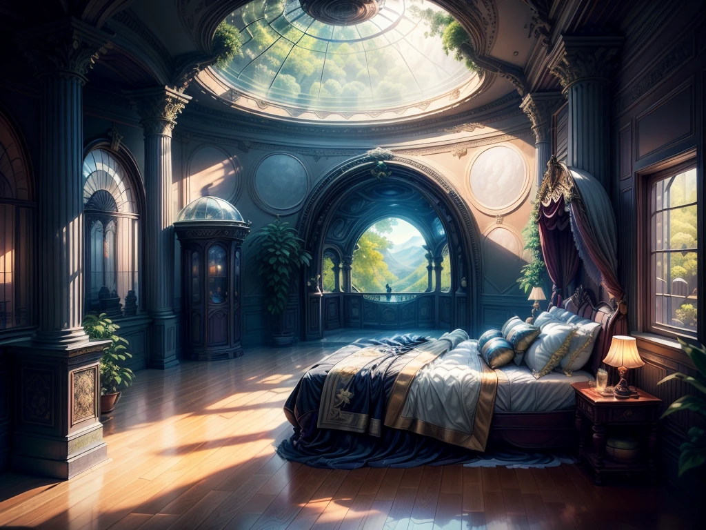 dream landscape: King and Queen's Room :  A vast room located atop the main tower .  The ceiling is an enchanted glass dome that reflects the night sky ,  allowing moonlight to illuminate the room softly .  The bed is covered with silver and blue silk sheets and the floor is white marble,  inlaid with moon crystals .  A circular porch overlooks the entire kingdom .