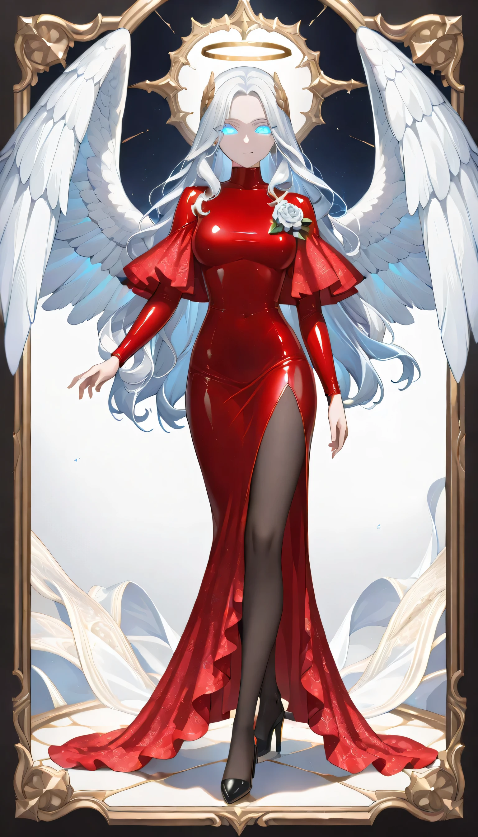 score_9, score_8_up, score_7_up, score_6_up, score_5_up, score_4_up, a picture of magnificent  female angel, busty long hair, dynamic hair color, long hair, wavy hair, shining (blue eyes: 1.2), white wings, wearing intricate elegant (red leather dress: 1.3), intricate dress,  wearing ((black high heels: 1.5)), best detailed face, beautiful face, wings have angel wings angel, pale skin, angel wings, wings, white wings, white hair, white eyes, glowing eyes, white dress with golden pattern, Halo, fantasy,  black latex corsage, black stockings, Hyperrealism style