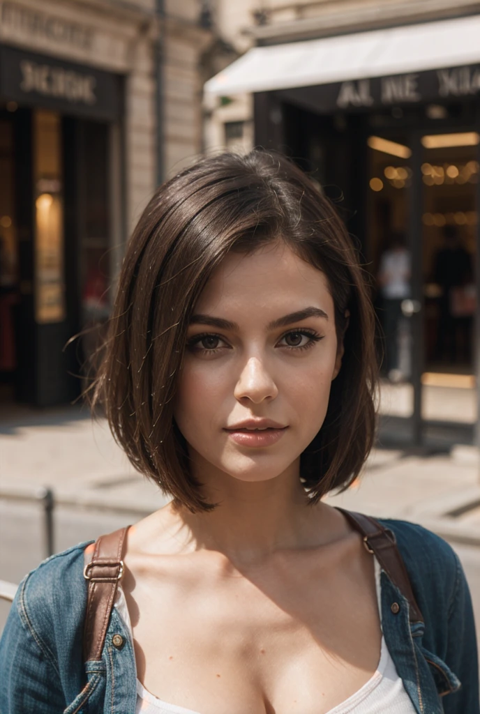 Make a very realistic brunette woman in Paris