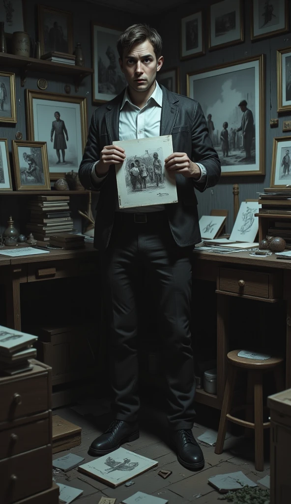  A young and anxious artist in his studio , surrounded by paintings and sketches .  He is looking at a sketch of a painting depicting crime,  with an expression of concern .  The scene must be illuminated with a soft light ,  but the shadows must create a sense of restlessness ."

