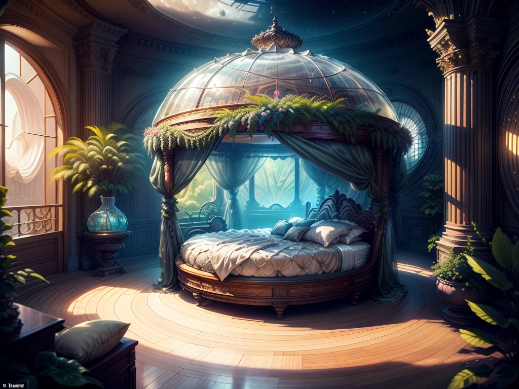  Princess room:  A vast room located atop the main tower .  The ceiling is an enchanted glass dome that reflects the night sky ,  allowing moonlight to illuminate the room softly .  The bed is covered with silver and blue silk sheets and the floor is white marble,  inlaid with moon crystals .  A circular porch overlooks the entire kingdom .