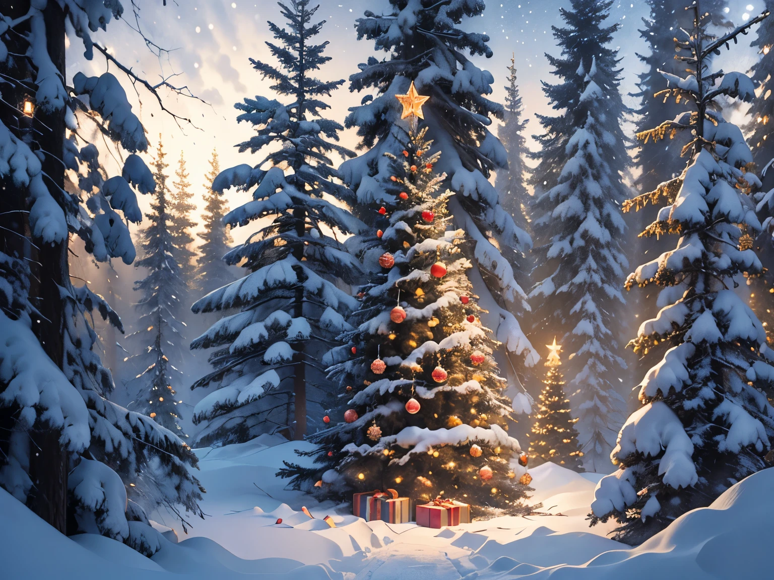 Large Fully decorated christmas tree,  twinkling lights, set in a clearing in the pine woods, snow, woodland animals, deer, starlit sky