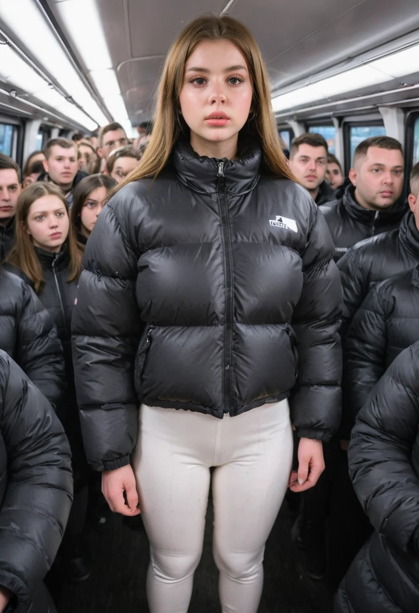 girl, sexy ,  huge breasts , wears black thick very shiny puffer-down jacket, big breasts ,  wears tight white leggings,brown hair, extremely crowded bus, standing in the crowd in the bus