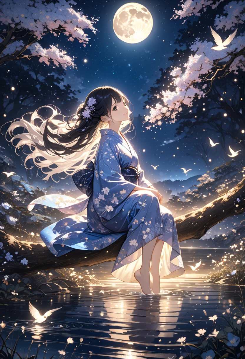 1girl,solo,yukata,very long hair, floating hair,glowing hair, black hair, smile, looking at viewer, bird, flower print, ((high detailed, best quality)),white clothing, crescent, 
 night time,moon,starry night, dreamlike, serene, mystical,low contrast,moon light,sitting on a tree branch,light particles, river on the ground,HD, 8k, absurdres,