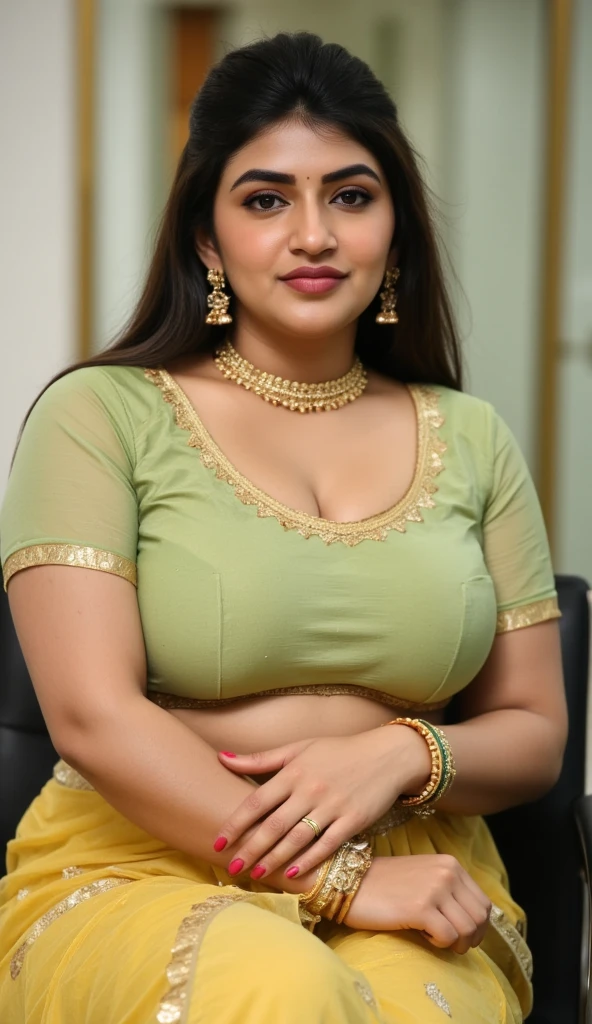 Front view,Generate a photorealistic image of a stunning Indian aunty in her late 30s, Hands stretched up showing dark hairy armpits,wearing a golden transparent saree with a sleeveless green Choli that showcases her smooth, dusky skin. She is a (((voluptuous, thicc woman))) flaunting her curves. Photo Shot is from the Front. The focus should be on the blouse, highlighting her radiant bare skin. Capture the subtle curves of her ((chubby waist)), and render the image with precise details, textures, and lighting. The atmosphere should be elegant and sophisticated, with a shallow depth of field to emphasize the subject.