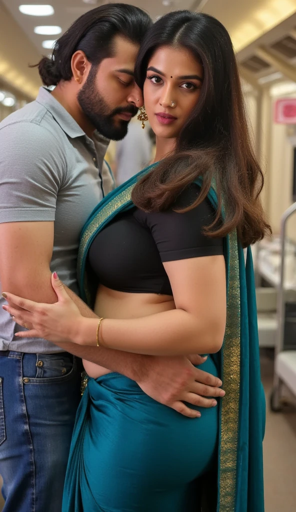 hot healthy south indian white curvy milf with long down tied hair, simple small black dot bindhi, broad shoulder, big hip, big ass, thick thighs, woman wearing Georgette saree and black color blouse(very big breast clevage), in indian local train, ultra hd photo, 4k picture, looking at camera, tall indian muscular man with full lengthy beard side skin fade hairstyle wearing shirt and tight jean standing with woman, man from behind putting his hand around woman’s waist, couple standing looking at camera giving simple pose,fully clothed, front view, man from behind licking woman’s neck, woman sad sexy expression