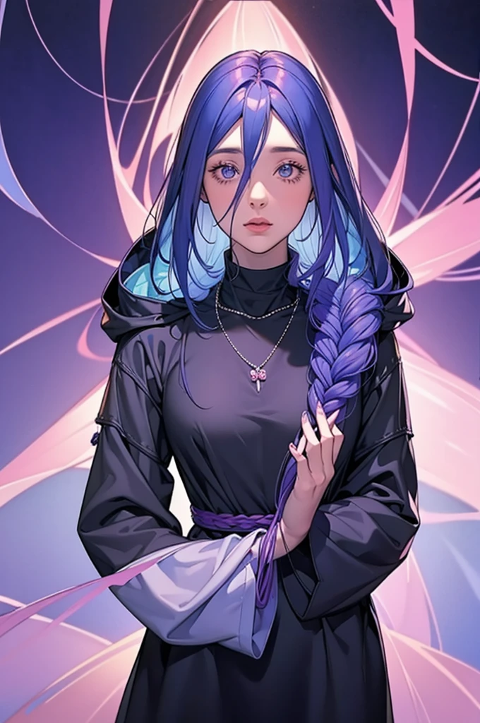 The image showcases a person wearing a black turtleneck sweater with vibrant, colorful hair adorned with small glowing flowers and vines that appear to be part of a digital or fantasy effect. The hair transitions smoothly between shades of purple, blue, and pink, creating a visually striking and ethereal appearance. The person is also wearing a necklace with a white heart-shaped pendant. The overall aesthetic of the image is whimsical and otherworldly.