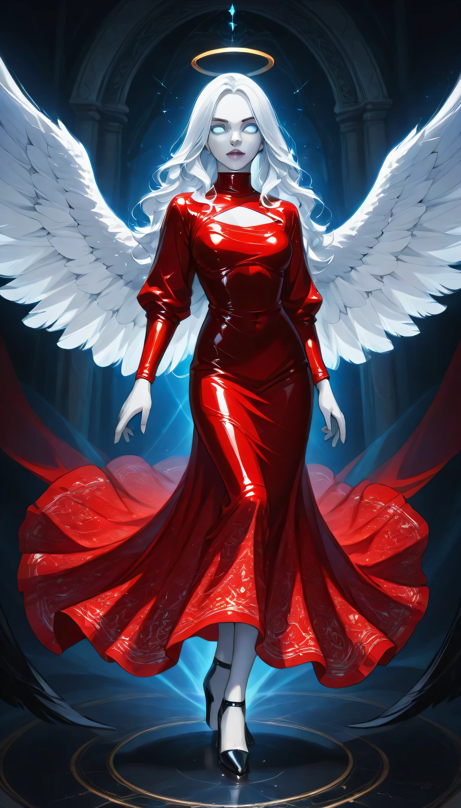 score_9, score_8_up, score_7_up, score_6_up, score_5_up, score_4_up, a picture of magnificent  female angel, busty long hair, dynamic hair color, long hair, wavy hair, shining (blue eyes: 1.2), white wings, wearing intricate elegant (red leather dress: 1.3), wearing ((black high heels: 1.5)), best detailed face, beautiful face, wings have angel wings angel, pale skin, angel wings, wings, white wings, white hair, white eyes, glowing eyes, white dress with golden pattern, Halo, fantasy,  Hyperrealism style