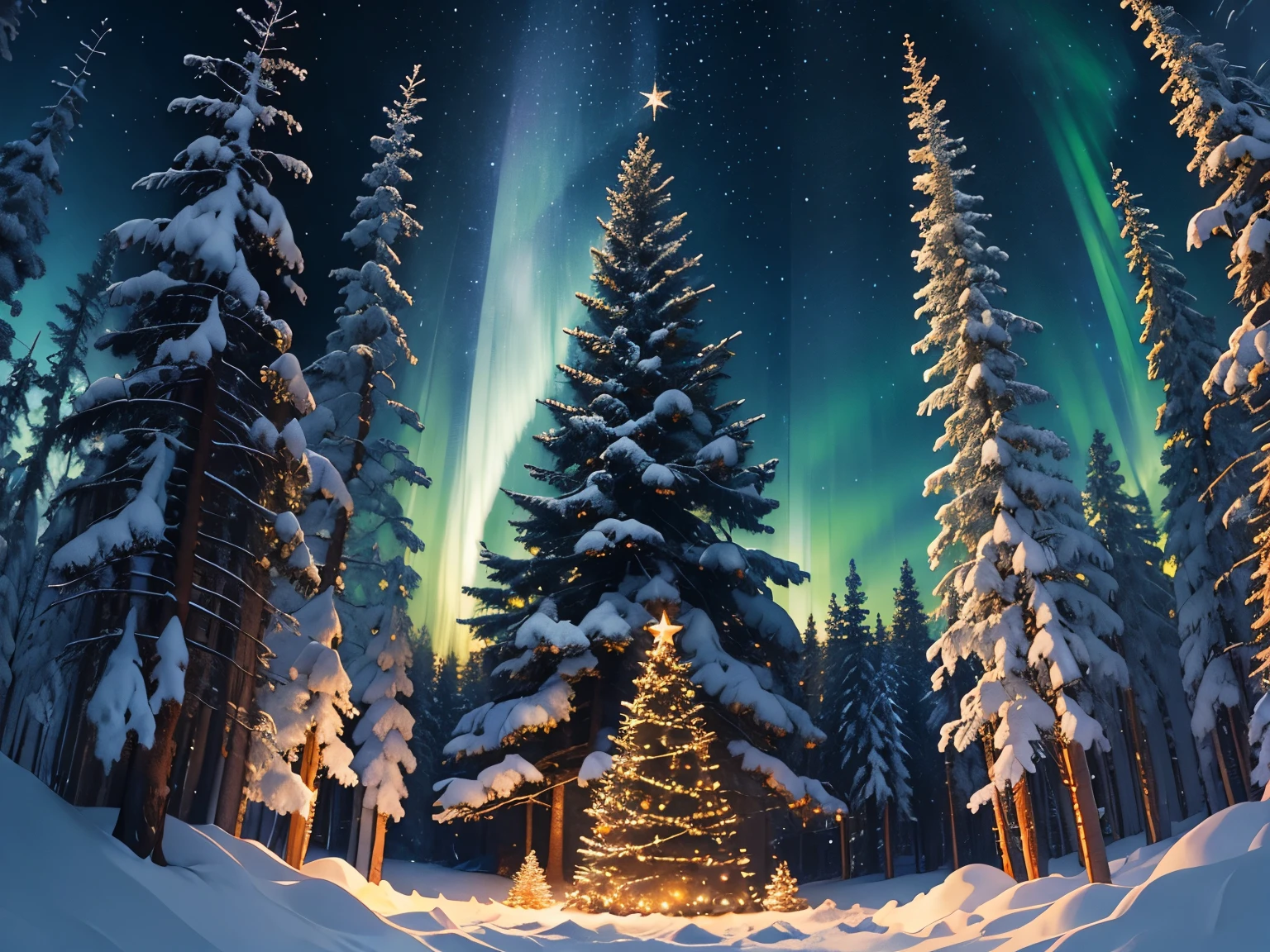 Large Fully decorated christmas tree,  twinkling lights, set in a clearing in the pine woods, snow, northern lights, starlit sky