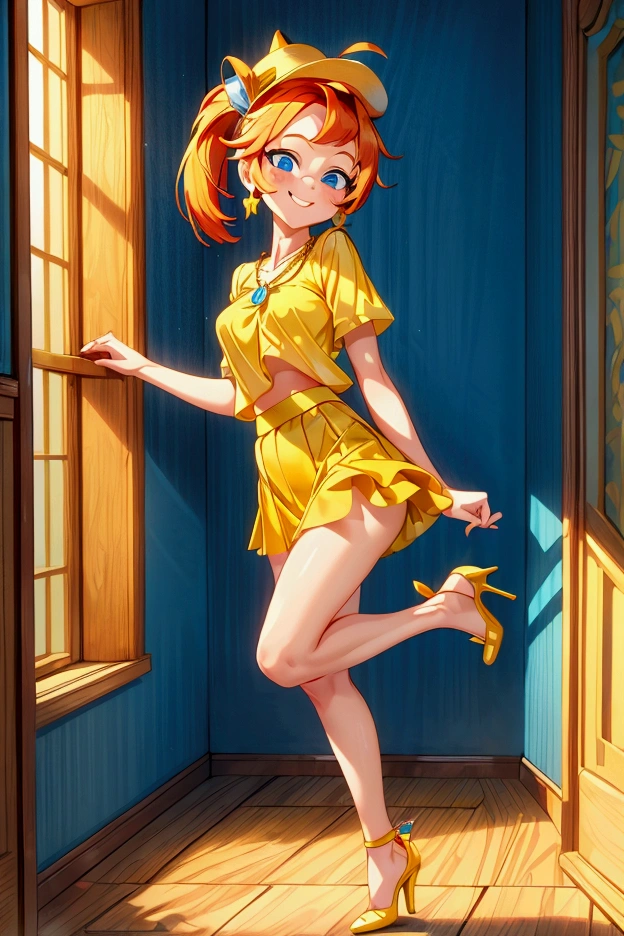 (masterpiece, best quality) standing, indoor, intricate detail, sunlight, yellow blouse necklace, blue short skirt, open shoes, yellow hat, red hair, two ponytails, blue eyes, smiling and sexy expression, sexy pose, coquette, gorgeous legs, mature teenager body, lovely, gorgeous body, pronounced breasts.