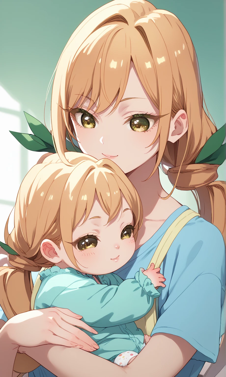 source_anime, karaneinda, karane inda, blonde hair, yellow eyes, hair ribbon, twintails, low twintails, long hair, green ribbon, small breasts,        , mother and , small,hugging up, ((baby withck hair))