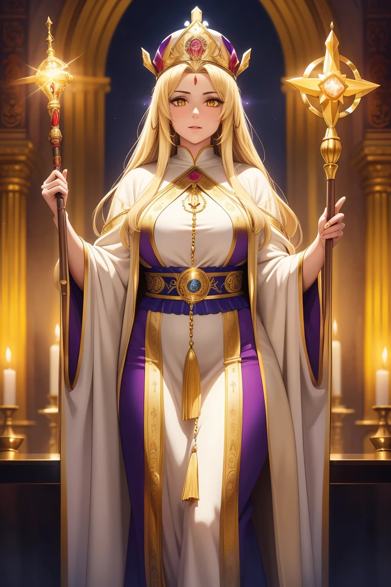 ((masterpiece, best quality:1.4,extremely detailed, detail face)), illustration, 8k, hd, 1female, older woman, mature female,, long hair, blond hair, yellow eyes, flowing robes adorned with ancient religious symbols and patterns, ceremonial mitre, In one hand, she holds a staff embedded with a radiant crystal