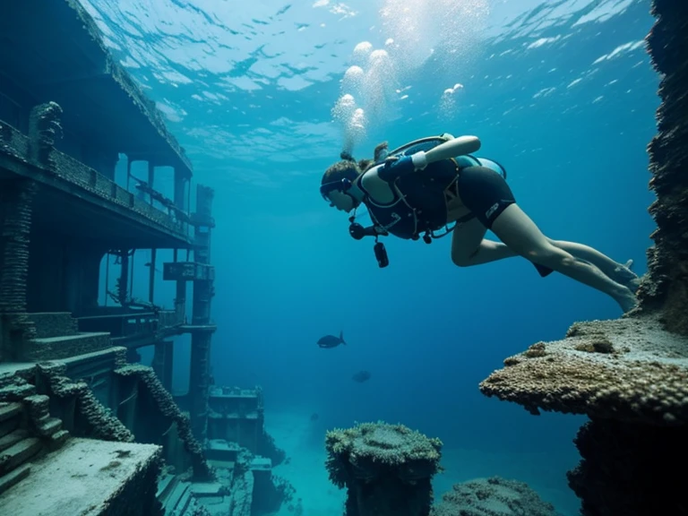 Scuba diver swims under the sea behind the mosque, small fishes
