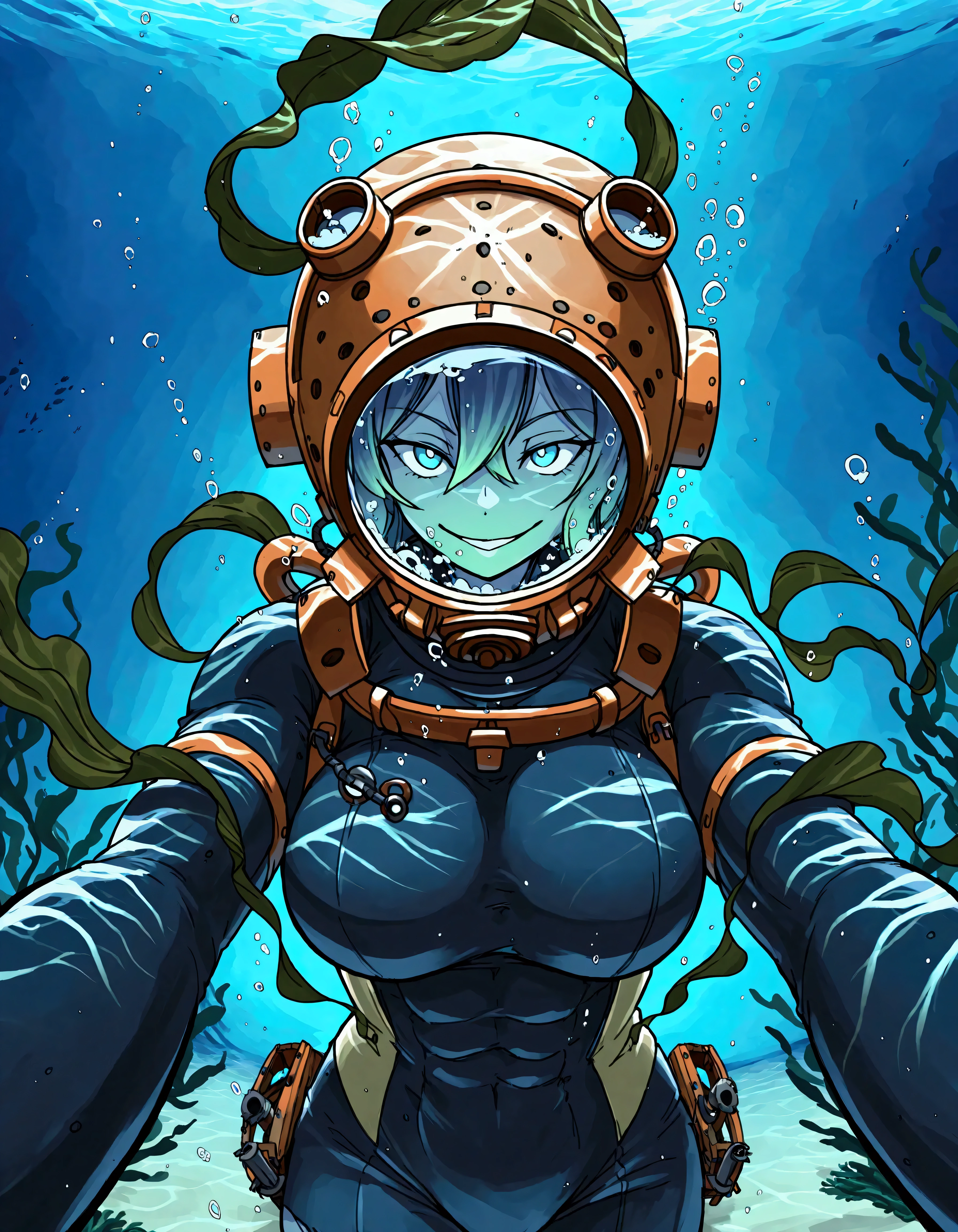 undead female deep sea Diver walking along the sea floor amongst shipwrecks, she's holding a rusty spear gun and her deep sea diving helmet is rusty as well as her diving suit is ripped and torn while emanating a ghostly green Glow, underwater, shipwrecks, deep sea diving helmet, 4K ultra detail the comma half and done, holding up in gun, reaching out with one hand, barnacles, seaweed, (Mark 5 diving helmet:1.5), shipwrecks, walking, horror_(theme), ghost, evil, looking at viewer, holding spear gun, ghostly green Glow, 1girl, solo, large_breasts, muscular, barnacles, rust, (shipwrecks:1.6), multiple shipwrecks, (phantom deep sea diva:1.4), broken air hose, bubbles, (underwater:1.7), upper body, portrait, from_above, evil_eyes, evil_smile, night, darkness, [barnacles on diving suit], rusty_diving_suit, line_art, ghostly green Glow, phantom of the sea, (evil smile:1.3), Draped in seaweed