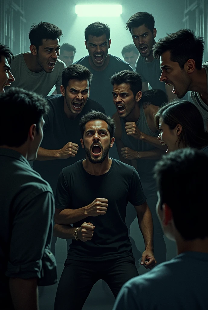 Multiple people around a visibly disturbed man are making various gestures