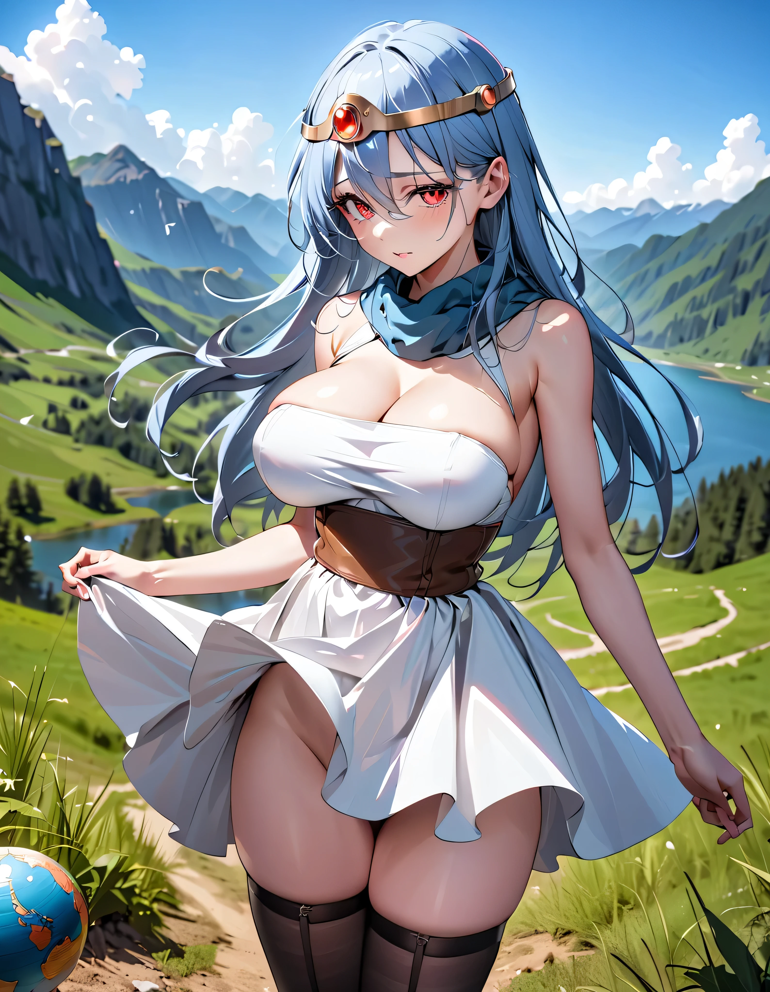 ultra-detailed, masterpiece, BREAK, (solo), (small girl standing:1.3), swaying back, skinny, blueish white straight long hair, (large breasts), (very long breasts:1.3), cleavage, skinny arms, (disproportionately short torso:1.3), (too high waist), too narrow skinny waist, skinny long legs, BREAK, (glowing red eyes), (sad face), BREAK, bouncing breasts, looking at viewer, BREAK, circlet, (too short white dress:1.3), belt cinches underbust, (too short white skirt:1.2), BREAK, blue mantle, tight-fit yellow long globe, tight-fit black thighhighs, BREAK, landscape, BREAK, {nsfw}