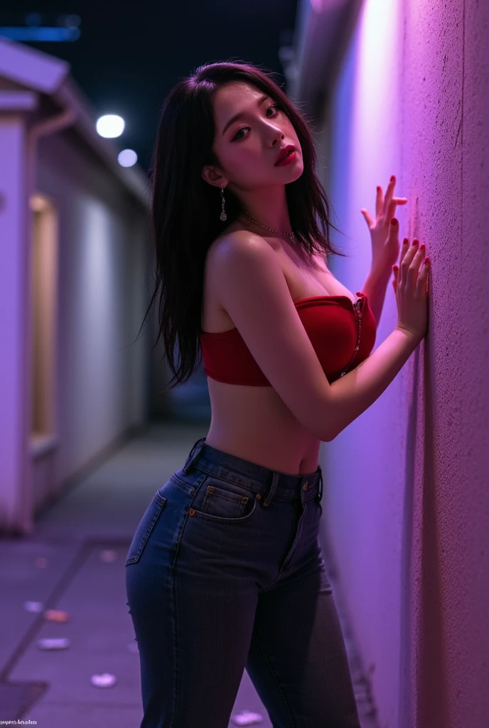 (masterpiece,  top quality: 1.2), Alone,(((Low-angle shot))), (red underwear),  jean denim pants, black hair, radiant skin, earring, blushes,(narrow alley),night, (( big boobs, huge boobs )),  pink areolas ,  pink lips ,smart nose,(Walking figure), side view , Beautiful Lighting ,photoshoot pose,sexy pose,The body looks towards the wall ,Hold your hands against the wall , The palms of the hands look at the wall,Lean over,The face looks at the wall,Tons of used up condoms on the floor
