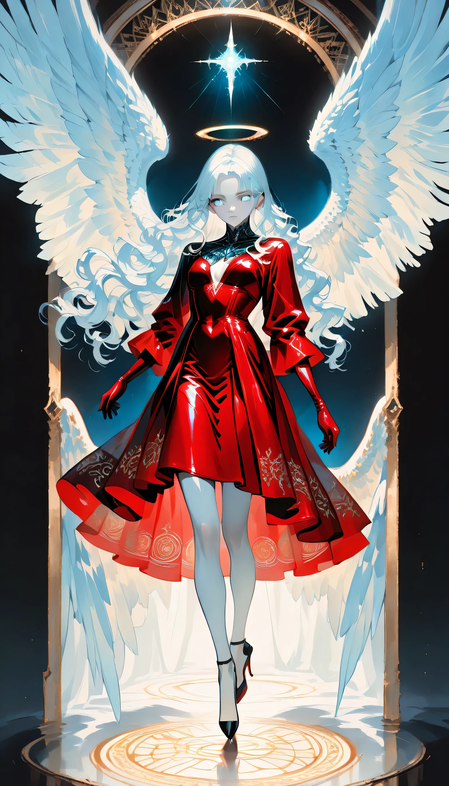 score_9, score_8_up, score_7_up, score_6_up, score_5_up, score_4_up, a picture of magnificent  female angel, busty long hair, dynamic hair color, long hair, wavy hair, shining blue eyes, white wings, wearing intricate elegant (red leather dress: 1.3), wearing ((black high heels: 1.5)), wings have angel wings angel, pale skin, angel wings, wings, white wings, white hair, white eyes, glowing eyes, white dress with golden pattern, Halo, fantasy,   fantasy