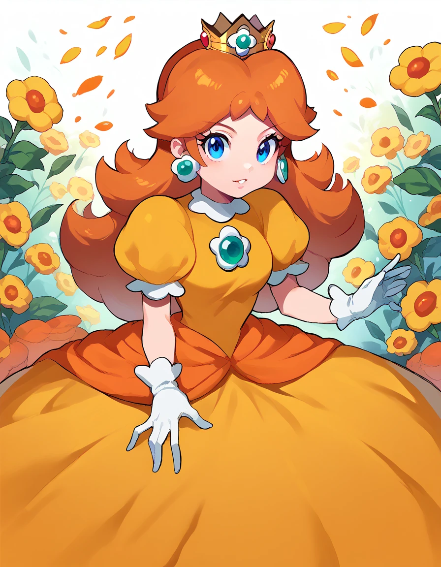 score_9, score_8_up, score_7_up, source_anime,
princessdaisy, princess daisy, blue eyes, long hair, orange hair,
crown, daisy, dress, flower, gem, gloves, orange dress, puffy short sleeves, puffy sleeves, short sleeves, white gloves,
looking at viewer, 