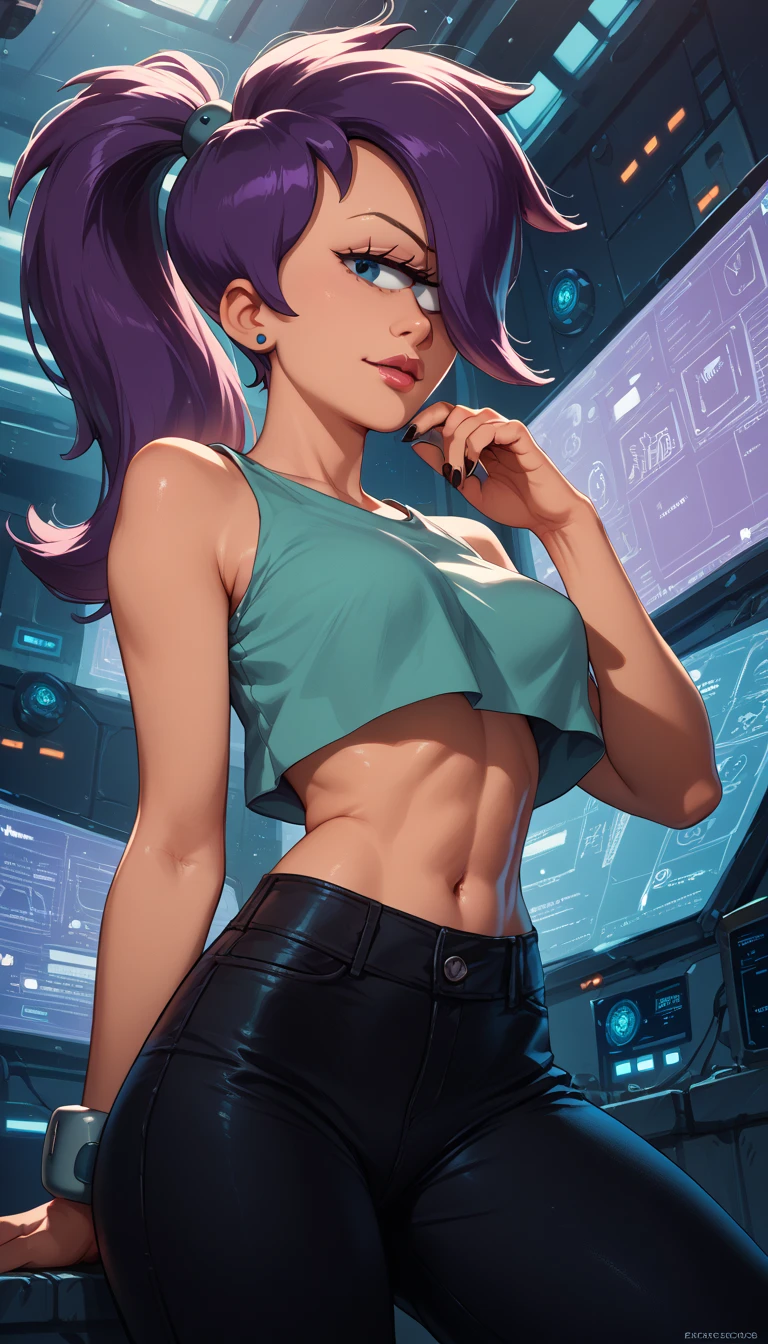 Turanga Leela, from Futurama, one eye, sexy posing, futuristic background