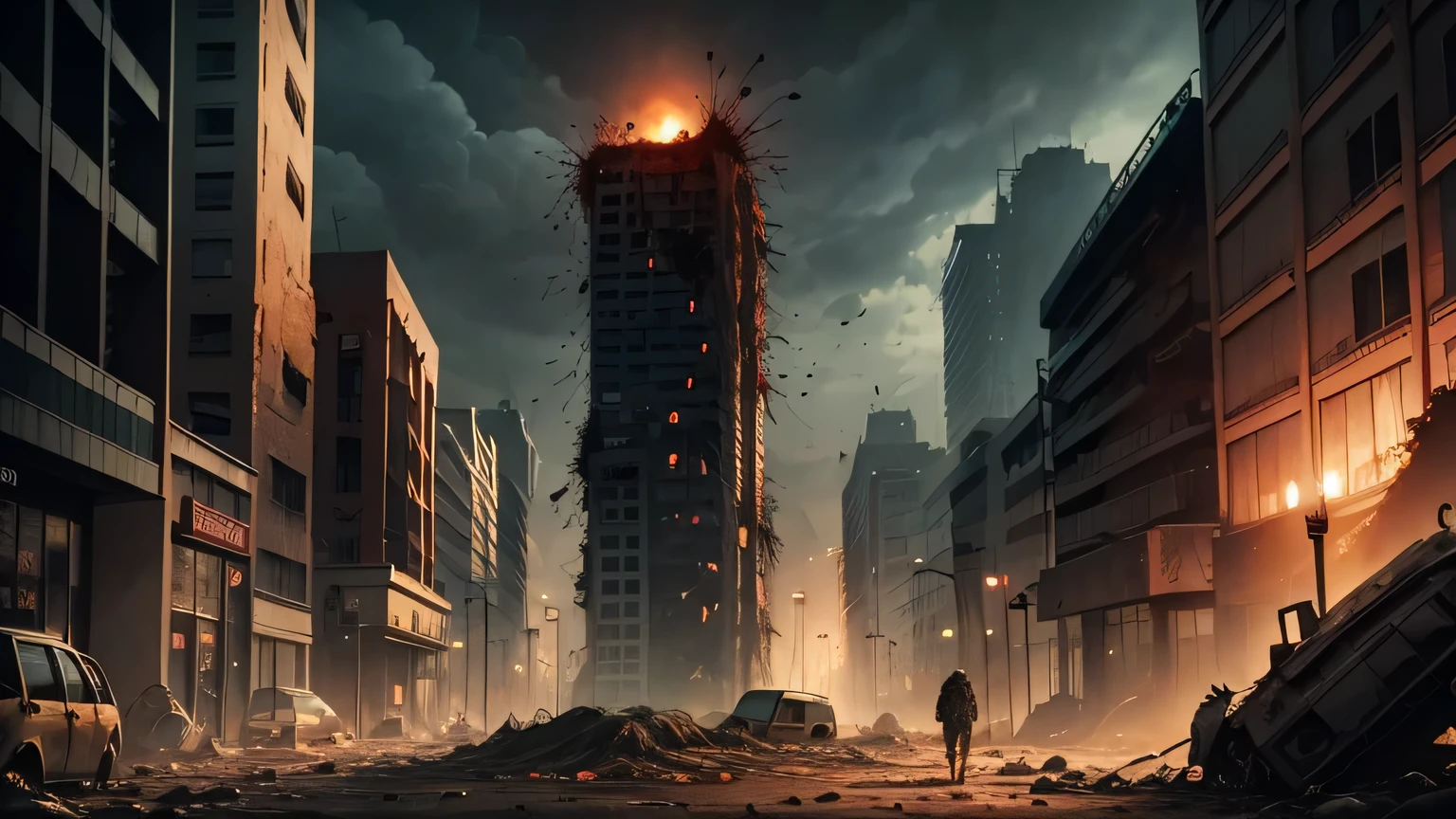 Images of the end of the world,crumbling buildings,rubble,fires+,puffing smoke,People run+,Funk+,Overturned,Realistic epic,hdr++,disuse,com cores neutras,1girll,the night,Screen space refraction,(complexdetails)+,complexdetails+,Hyper-detailing+,art stations,Nuclear power sabotages the film program,vignet,the complex background,red and orange colored,a color,Monster destruction。