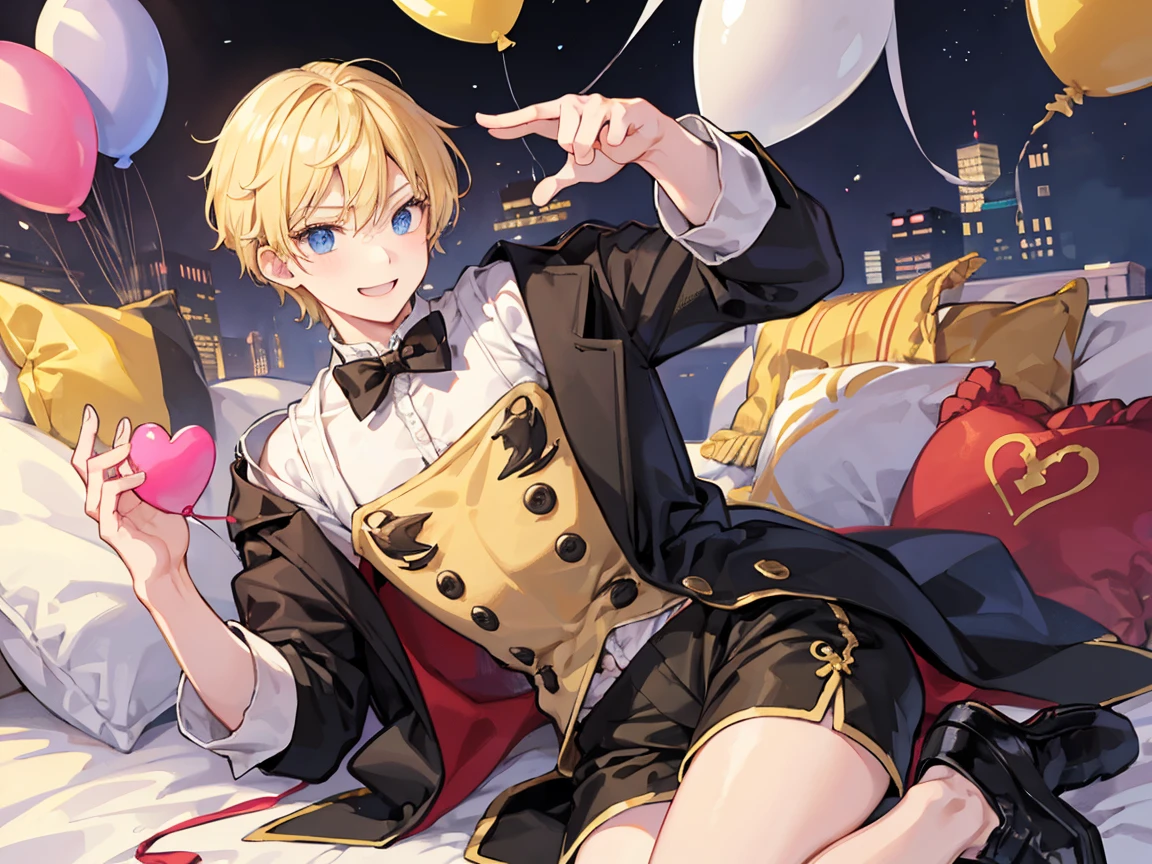 The blonde merchant man has a cheerful face and 、I'm wearing black boxer shorts while sluttering a balloon on my bed