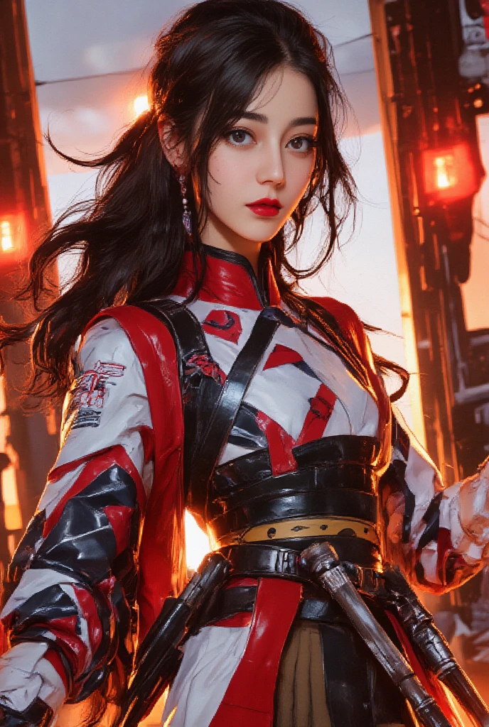 Neo Photorealistic Art Style, A Japanese girl in imperial Japanese uniform and a katana,and flowing black hair stands confidently in futuristic fashion. Surrounded by glowing Tori-gates. she embodies Neo-Japan surrealism, blending avant-garde style with cutting-edge elegance,DB4RZ, DB4RZ style painting