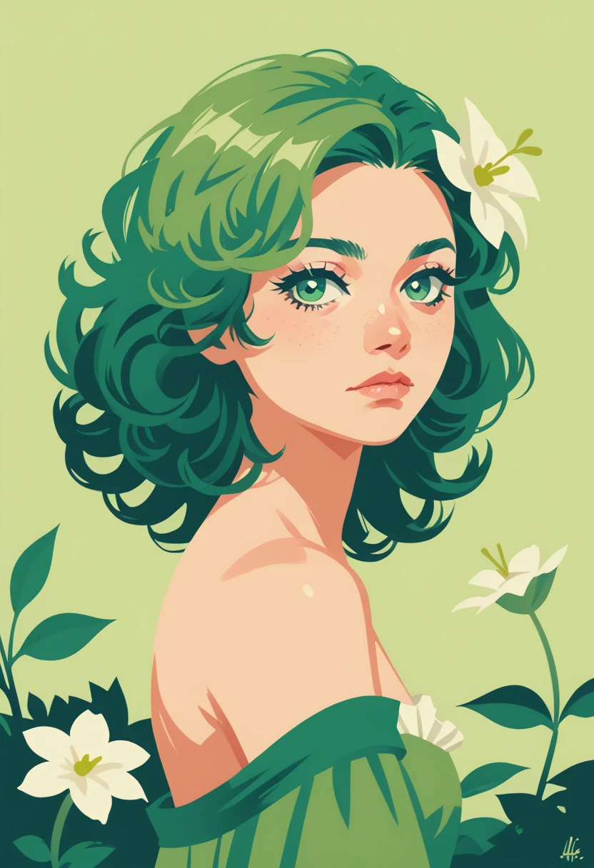 1girl, solo, green eyes, green theme, flower, green hair, looking at viewer, white flower, closed mouth,  short hair, upper body, leaf, plant, curly hair, bare shoulders, from side, eyelashes, s1_dram, zPDXL3,  PnyCmicXLPOS, detailxl,  (lineless, vector art:1.5)