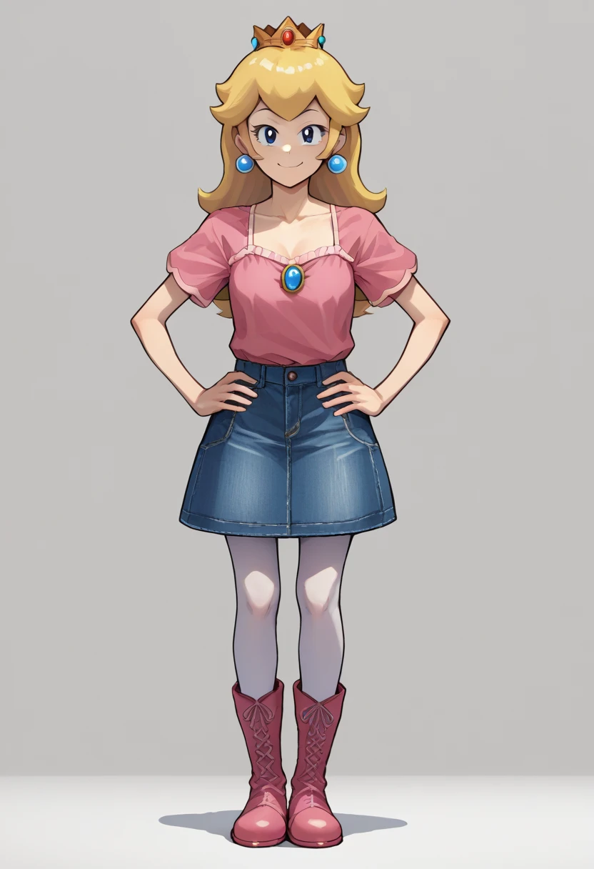 score_9, score_8_up, score_7_up, score_6_up BREAK source_anime,princess peach,solo,happy,slight smile, , princess peach, blond hair, long, denim skirt, pantyhose, pink camisole, short sexy boots, solo, complete body view, looking at viewer, hanging hair, stand up, standing, from front, Open eyes, front view, (hands on hips), smile, short sleeves, source_anime, anime, absurdres, solo, 1girl, full body, lora:PringleDingle_v2-15:1, Pringus Mcdingus Style, #pringus mcdingus, pringus mcdingus, pringusmcdingus prngs, 