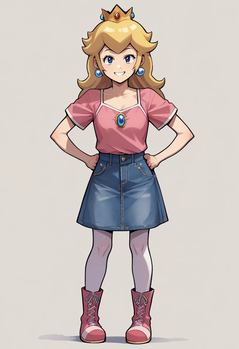 score_9, score_8_up, score_7_up, score_6_up BREAK source_anime,princess peach,solo,happy,slight smile, , princess peach, blond hair, long, denim skirt, pantyhose, pink camisole, short sexy boots, solo, complete body view, looking at viewer, hanging hair, stand up, standing, from front, Open eyes, front view, (hands on hips), smile, short sleeves, source_anime, anime, absurdres, solo, 1girl, full body, lora:PringleDingle_v2-15:1, Pringus Mcdingus Style, #pringus mcdingus, pringus mcdingus, pringusmcdingus prngs, 