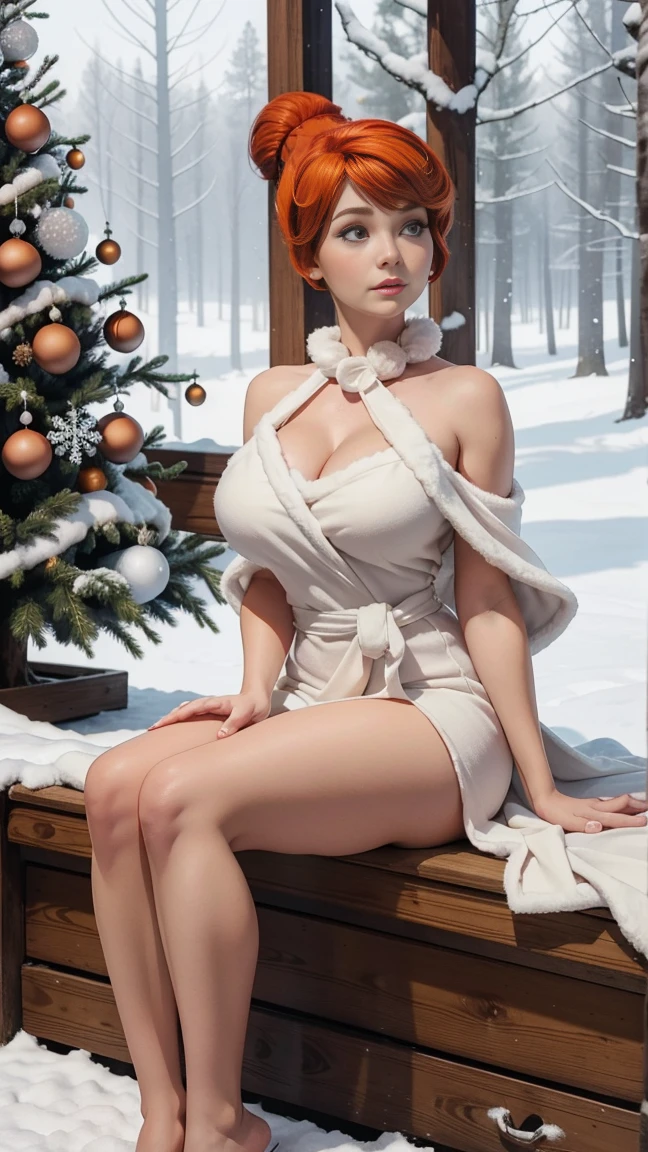  beautiful woman  (" Wilma Flintstone "),  delicate face , DELICATE HANDS,  perfect big breasts ,  wide hips, rustic white robe , in a snow forest,  Christmas tree  , sitting.