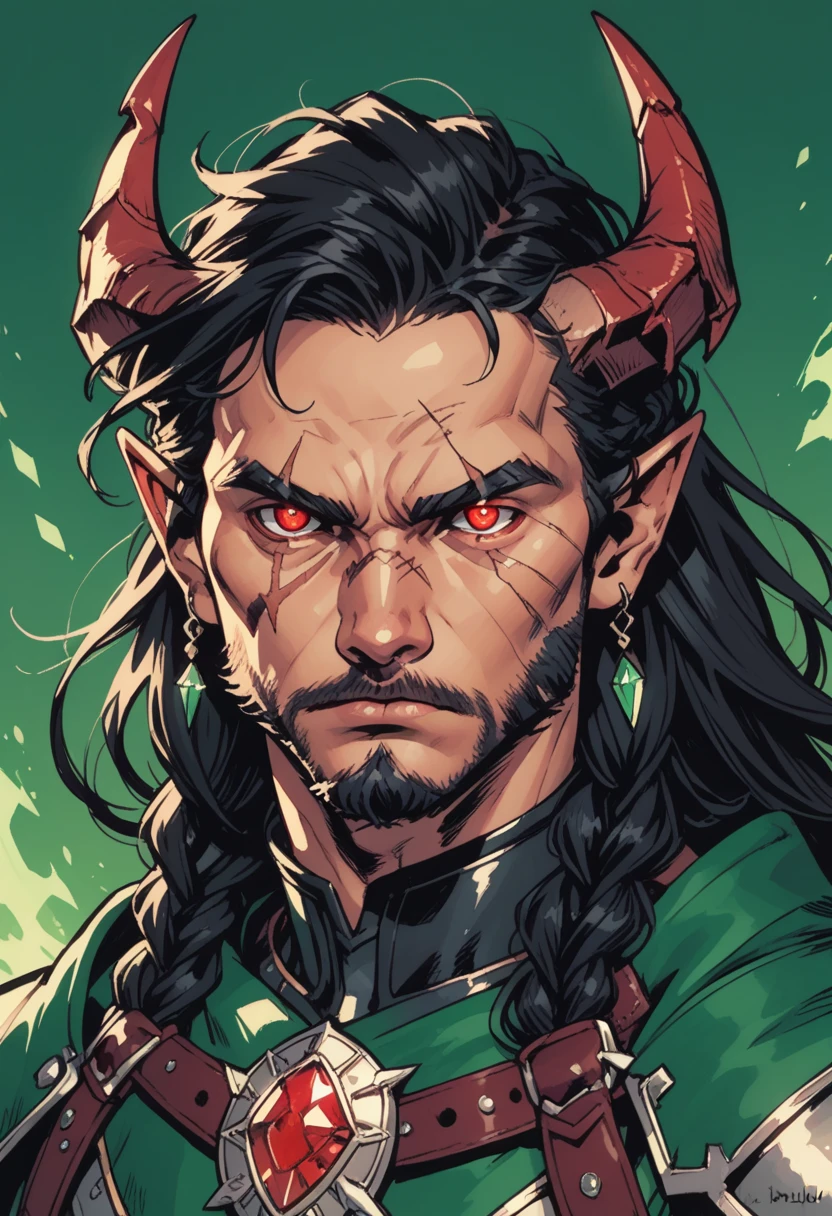 horns, pointy ears, 1boy, red eyes, black hair, male focus, solo, jewelry, armor, broken horn, looking at viewer, long hair, earrings, scar, green background, braid, glowing, gem, cape, glowing eyes, shoulder armor, demon horns, belt, scar on face, upper body, torn clothes, red gemstone, pauldrons, closed mouth, facial hair, colored sclera, dark-skinned male, zPDXL3, detailxl,  Score_PnyReal,, s1_dram