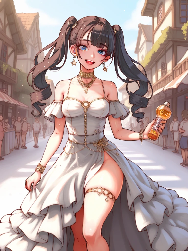 Spectacular anime style. An image of great elegance and glamour of a luxury perfume brand of a woman in a party dress with luxury jewelry, a long haute couture party dress and a hairstyle of great elegance and complexity. She is walking down a spiral staircase and on the last step there is a bottle of perfume. HDR