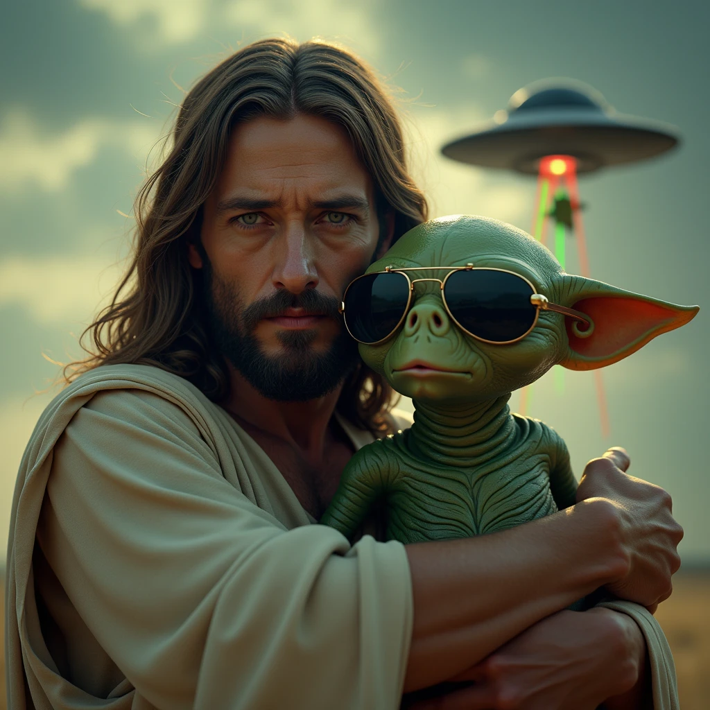 A man Jesus Christ taking a selfie with an alien in the desert in Egypt , high portrait, Grinning