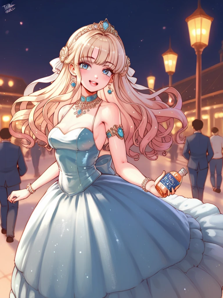 Spectacular anime style. An image of great elegance and glamour of a luxury perfume brand of a woman in a party dress with luxury jewelry, a long haute couture party dress and a hairstyle of great elegance and complexity. She is walking down a spiral staircase and on the last step there is a bottle of perfume. HDR