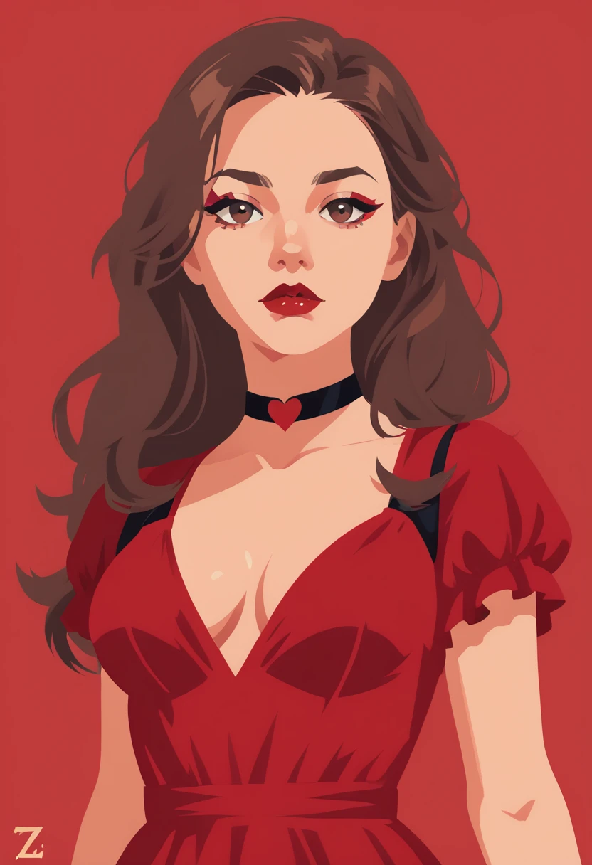 1girl, solo, breasts, jewelry, heart, long hair, necklace, looking at viewer, choker, dress, red dress, artist name, medium breasts, , brown hair, upper body, cleavage, red  makeup, brown eyes,  collarbone, red theme, black choker, parted   , breasts apart, nose, s1_dram, zPDXL3,  PnyCmicXLPOS, detailxl,  (lineless, vector art:1.5)