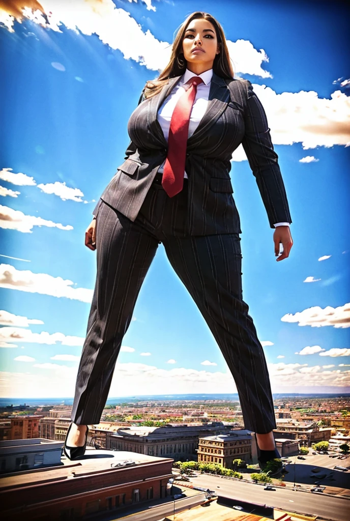 Looking at the approaching young giantess, Giantess art, 500 miles tall giga giantess, young sophisticated and stylish woman in a light gray italian pinstriped trouser suit, form fitting crisp black office shirt, and a large wide blue necktie in a windsor knot, with a beautiful, curvaceous figure, large natural breasts, and long blonde hair, with a curvaceous figure and massive breasts. wearing blue rounded court high heels with uncovered feet and standing, rampage-like pose, with a city skyscrapers background of mega-city, skyscapers, partially obscured by a hazy, cloudy atmosphere. The image is a high-resolution, masterpiece-quality, cinematic, ultra-detailed, and hyper-photorealistic photograph, with perfect hands, face, and lighting. ultra-detailed, 8K, photo-realistic, hyper-realistic, masterpiece, intricate details, full body view. Looking at camera, The image is a high-resolution, masterpiece-quality, cinematic, ultra-detailed, and hyper-photorealistic photograph, with perfect hands, face, and lighting. ultra-detailed, 8K, photo-realistic, hyper-realistic, masterpiece, intricate details, 