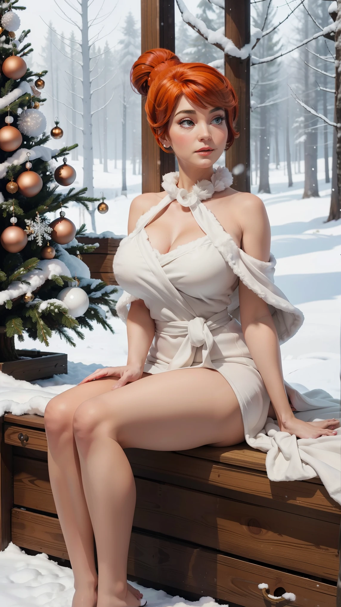  beautiful woman  (" Wilma Flintstone "),  delicate face , DELICATE HANDS,  perfect big breasts ,  wide hips, rustic white robe , in a snow forest,  Christmas tree  , sitting.